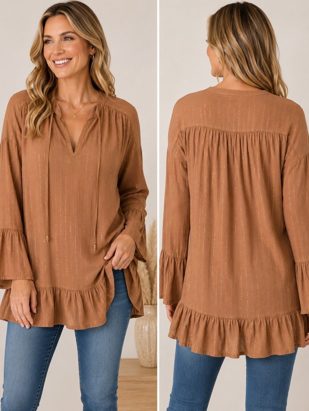 Vix M/L Caramel Gold Metallic Stripe Boho Ruffle Blouse A271